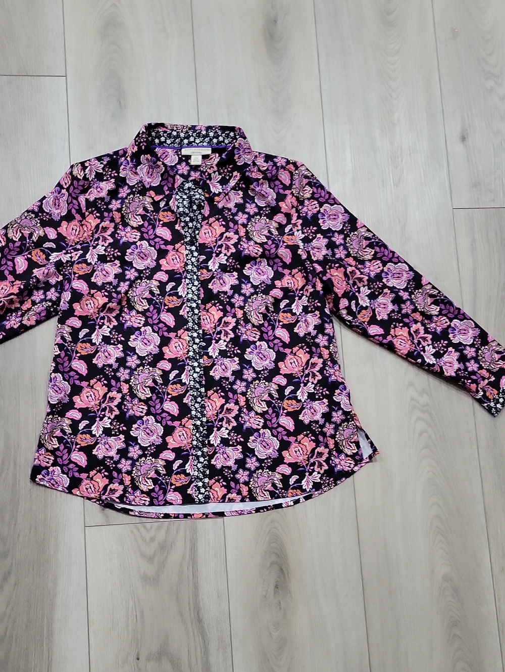 Appleseed's Black Floral Button-Down Shirt with Pink and Purple Flowers